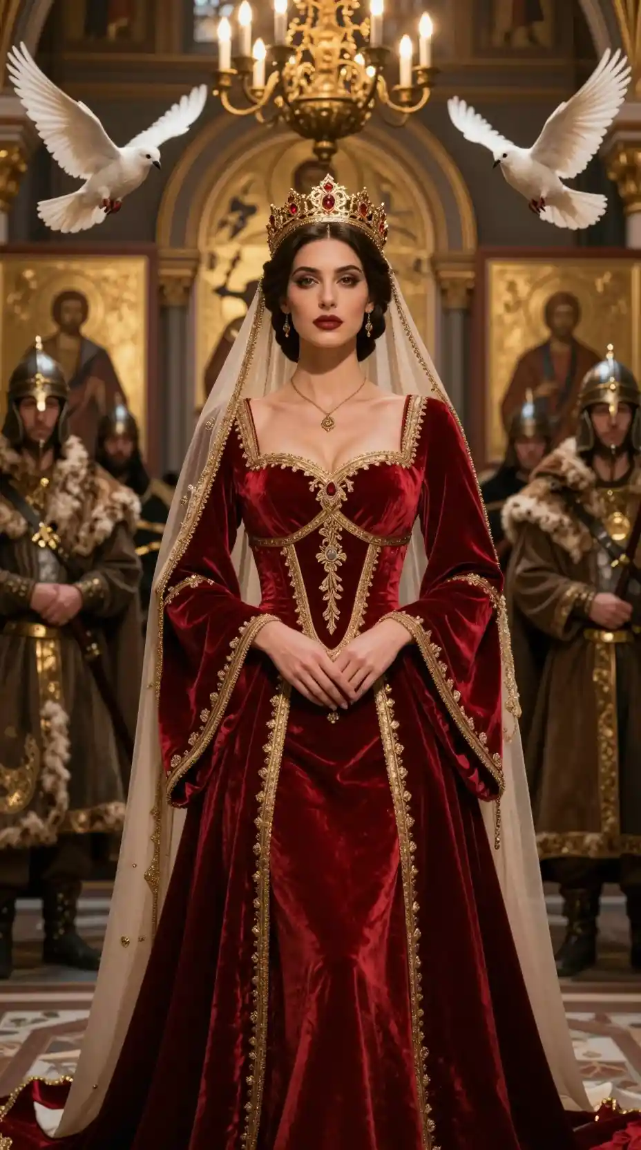 Regia reina medieval con vestido de terciopelo rojo bajo una corona dorada