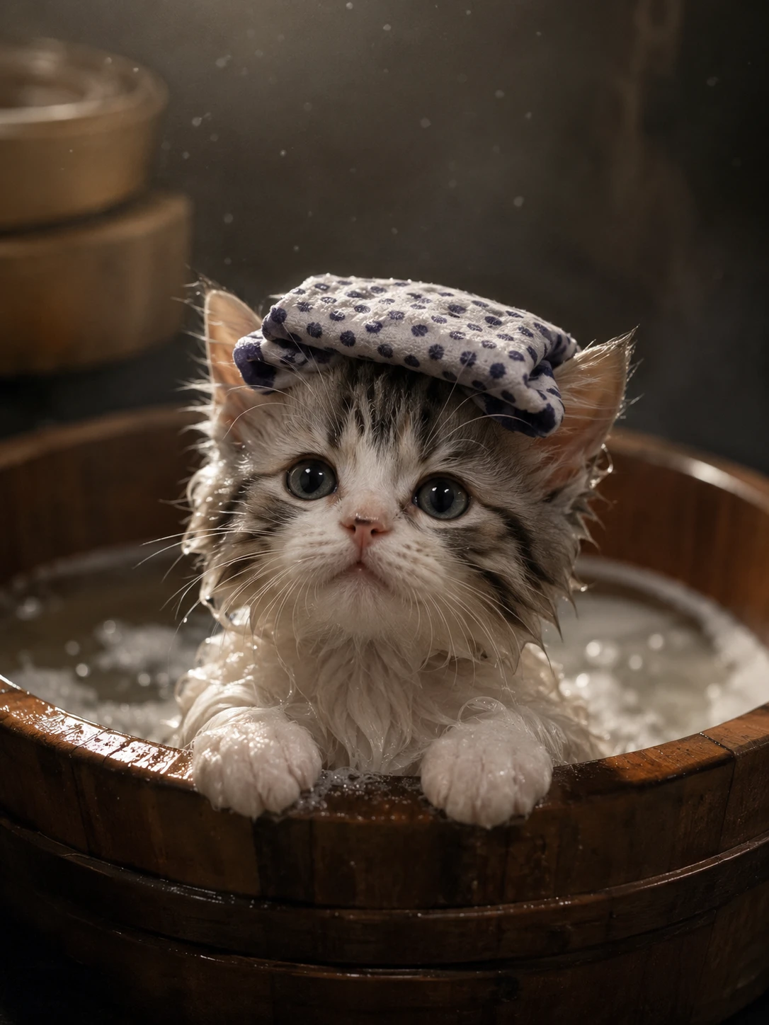 Foto cinematográfica de un gatito bañándose con una toalla en la cabeza