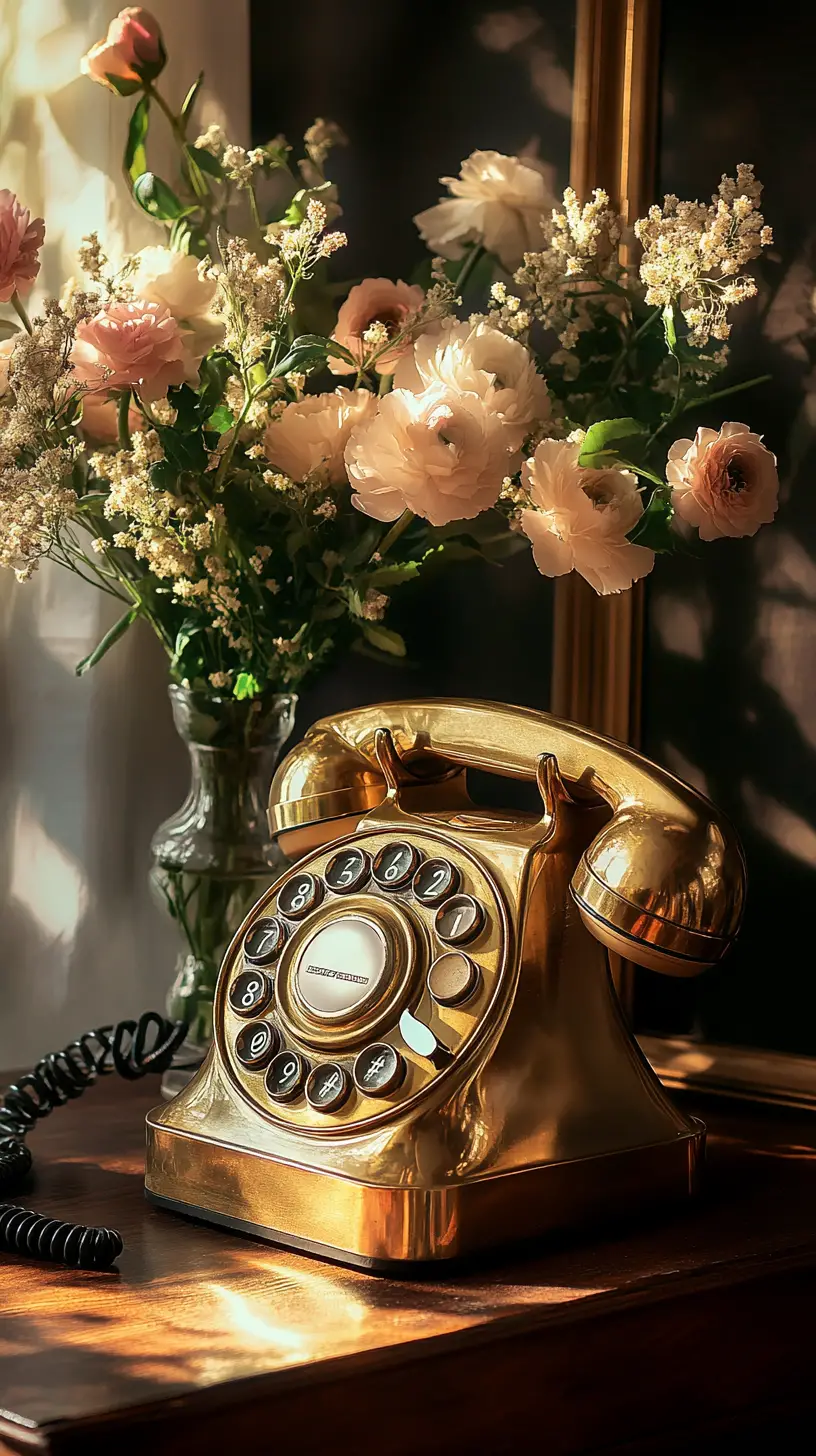 Teléfono dorado de disco sobre mesa de madera con flores