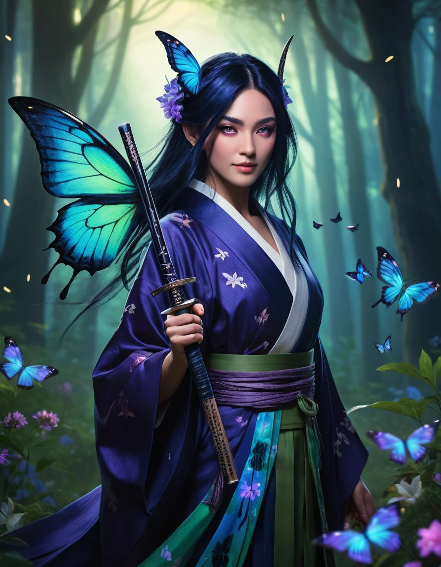 Cazadora de demonios anime en bosque encantado y luminoso