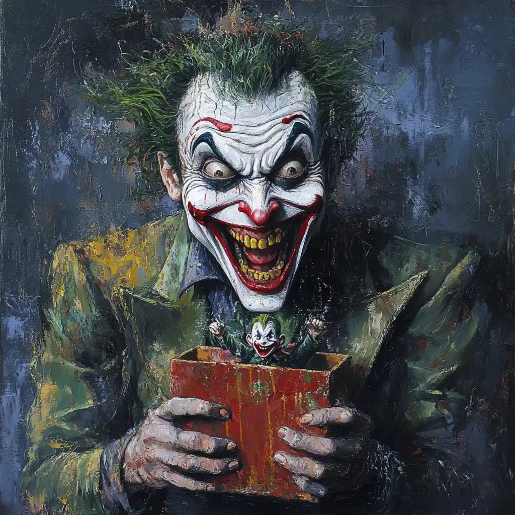 Lachender Clown mit einem Jack-in-the-Box-Spielzeug