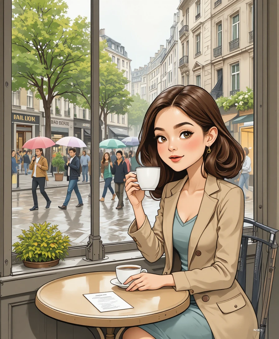 Joven tomando café en una cafetería en la calle de París