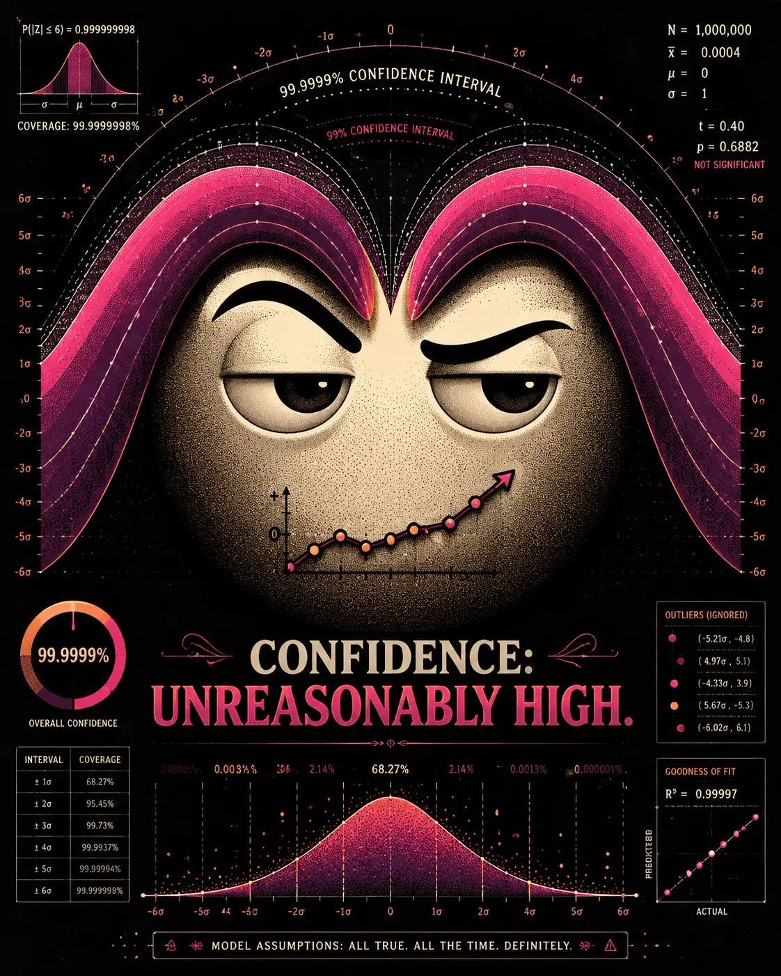 Smug emoji face framed by surreal statistical confidence bands