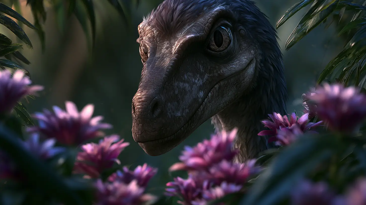 Feathered velociraptor camouflaged among jungle flowers at dusk