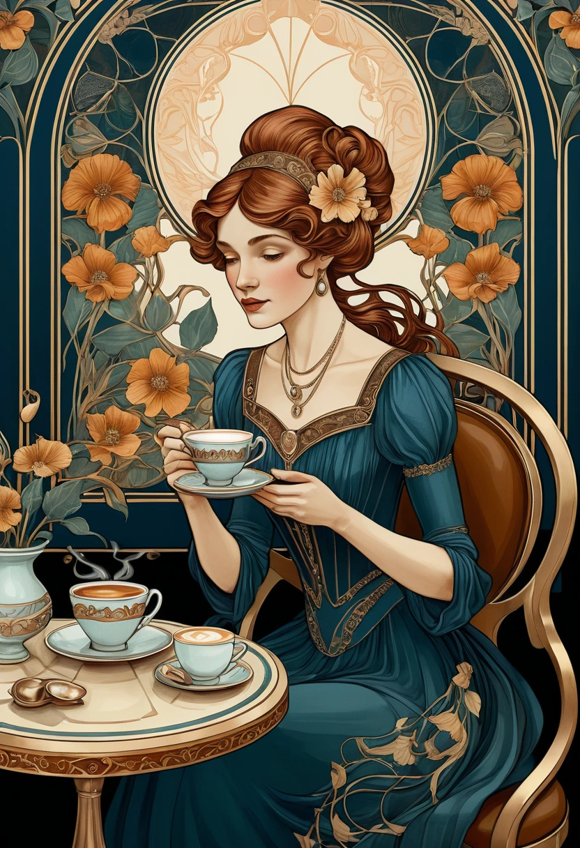 Elegante mujer art nouveau tomando café en una cafetería