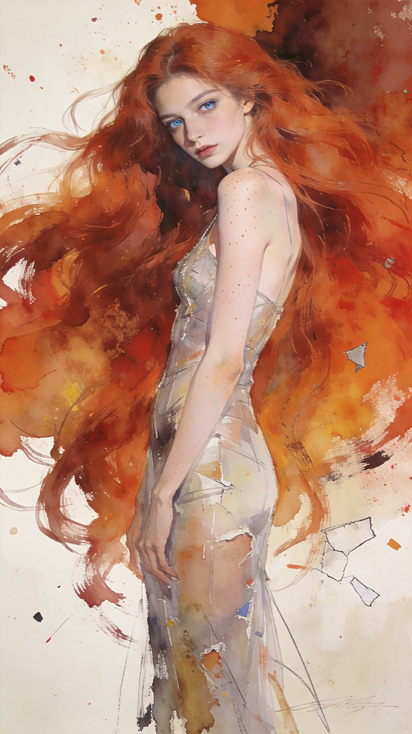 Elegante donna dai capelli rossi in illustrazione di moda pittorica