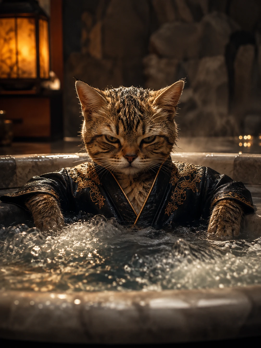 Foto cinematográfica de un gato pequeño relajándose en un jacuzzi