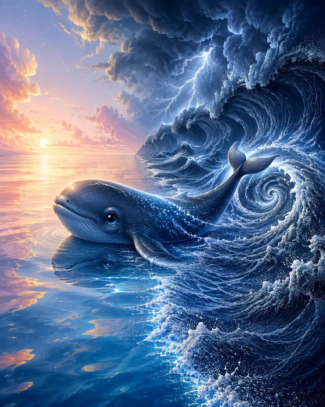 Baby whale crossing between calm and stormy oceans