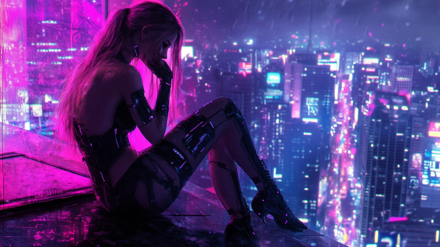 Beautiful woman in a neon cyberpunk city at night