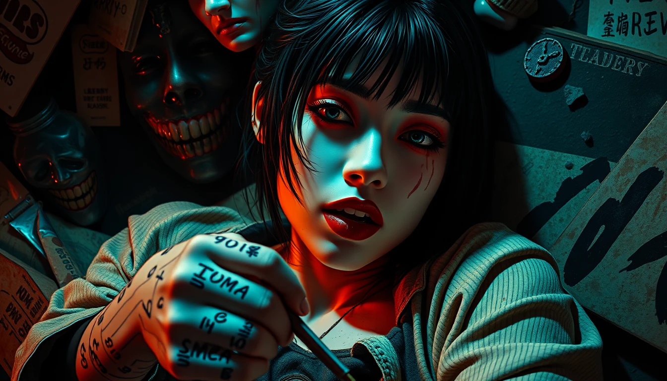 Mujer grotesca pop surrealista en una escena oscura y caótica