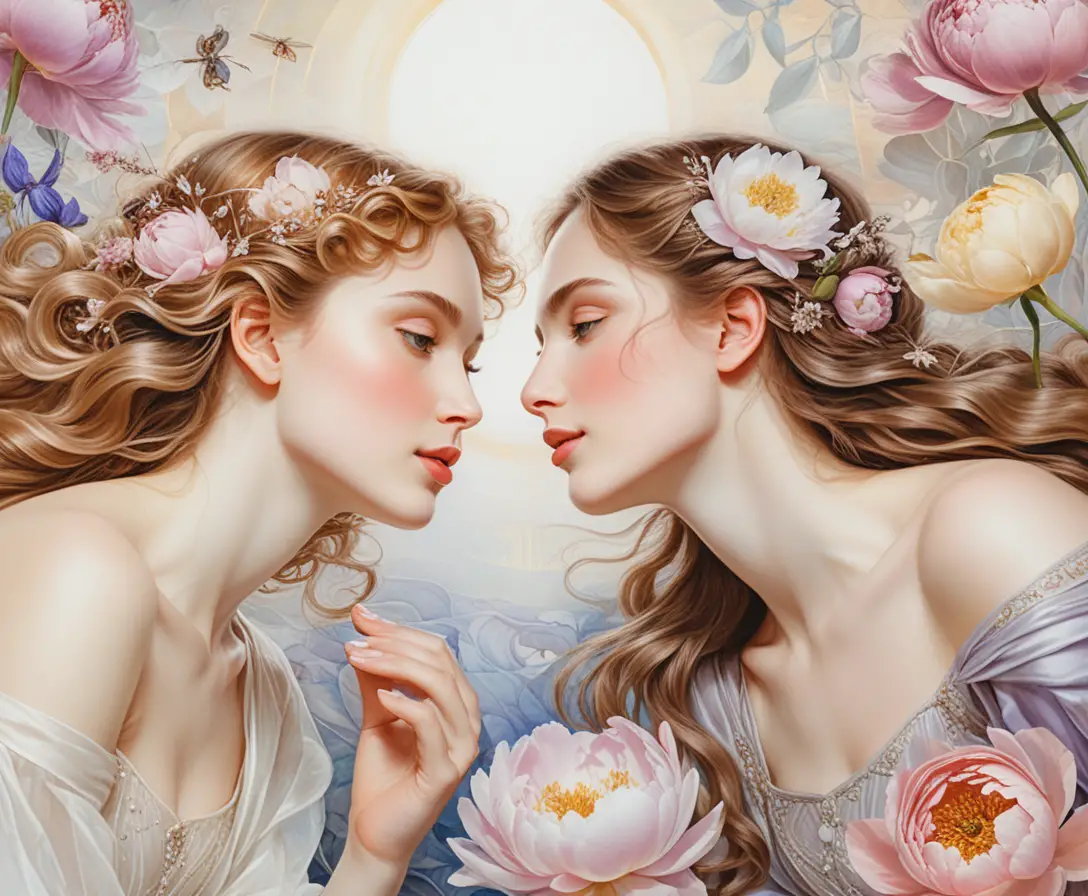 Visión romántica de dicha con peonías e iris luminosos