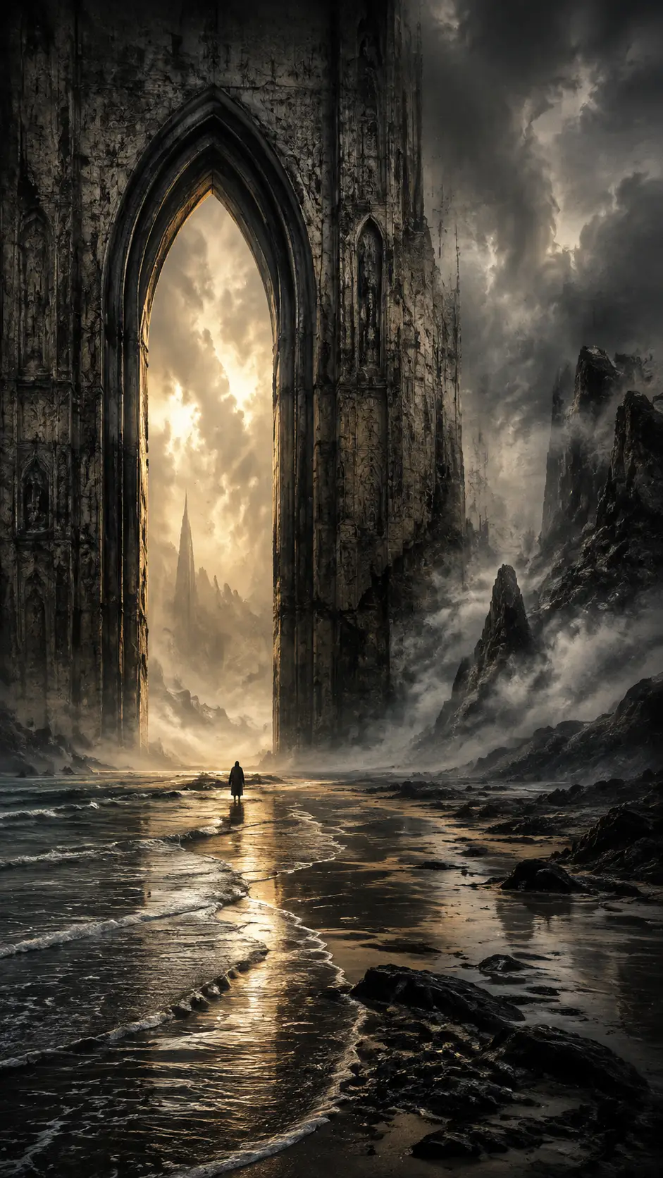 Figura solitaria ante un colosal portal gótico de piedra junto al mar