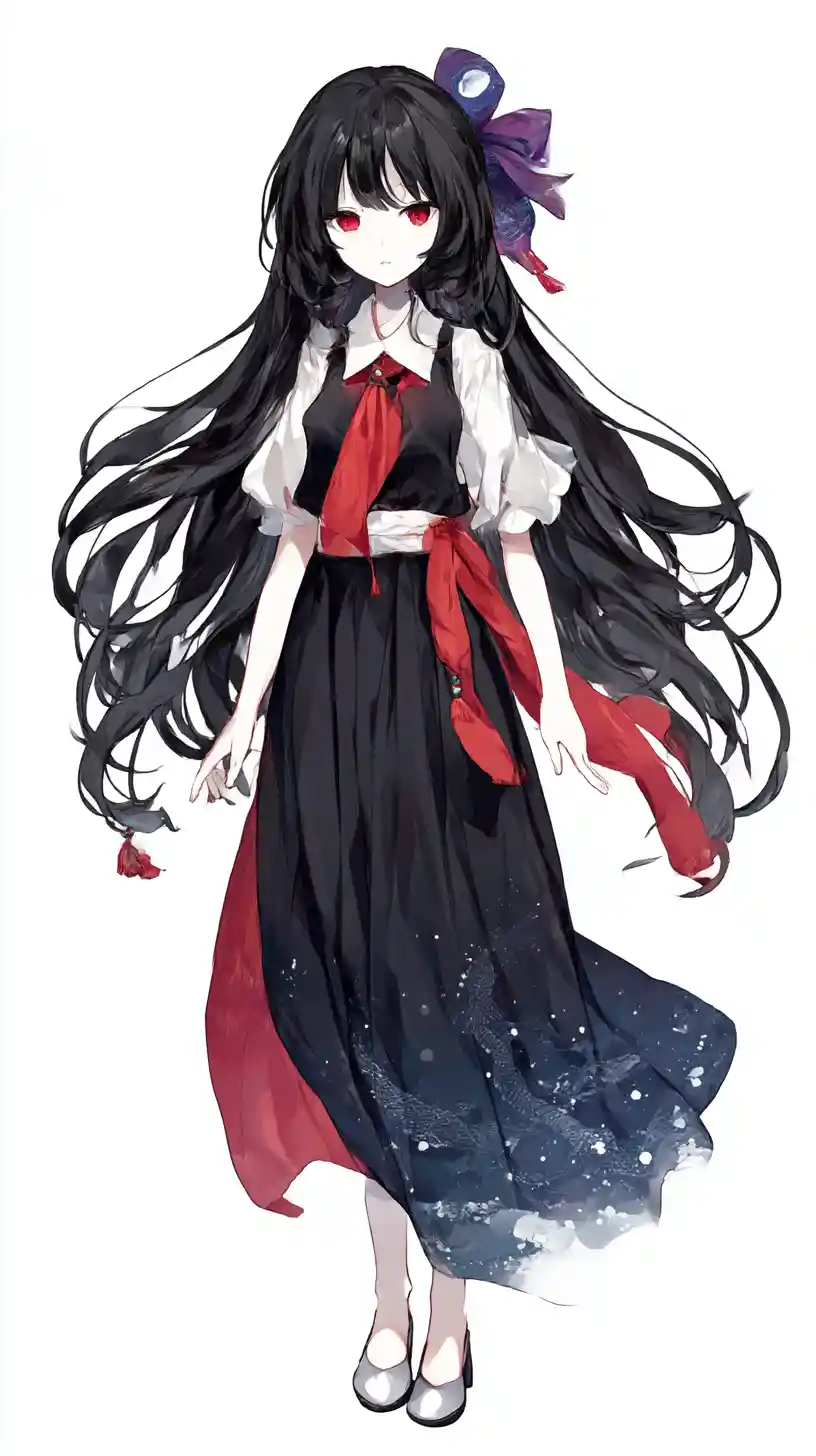 Chica de anime con largo cabello negro y ojos rojos