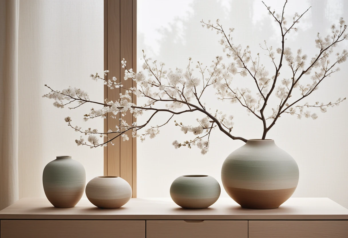 Serene Japandi interior with ceramics and soft natural light