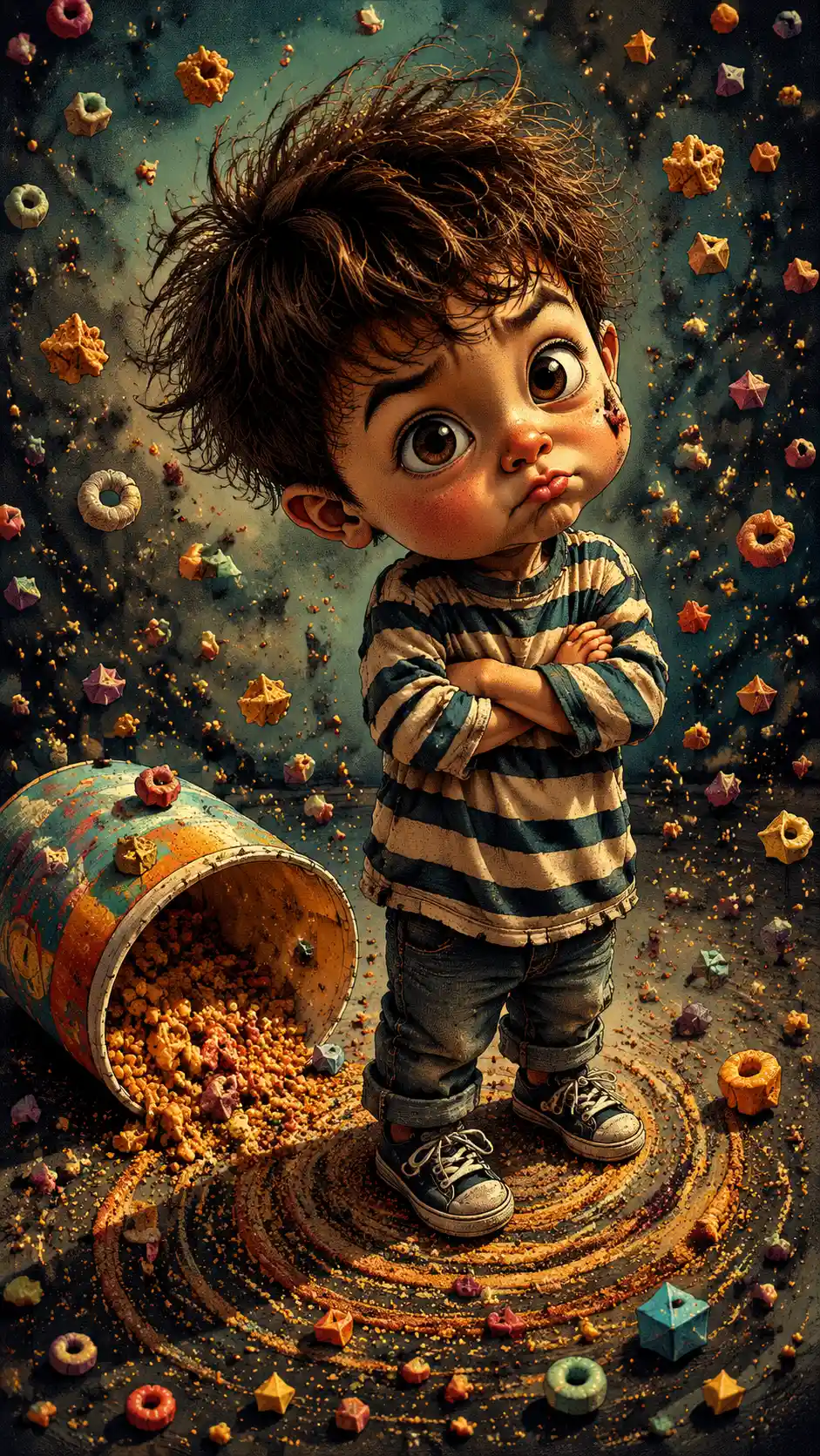 Playful little boy with spilled cereal floating around him
