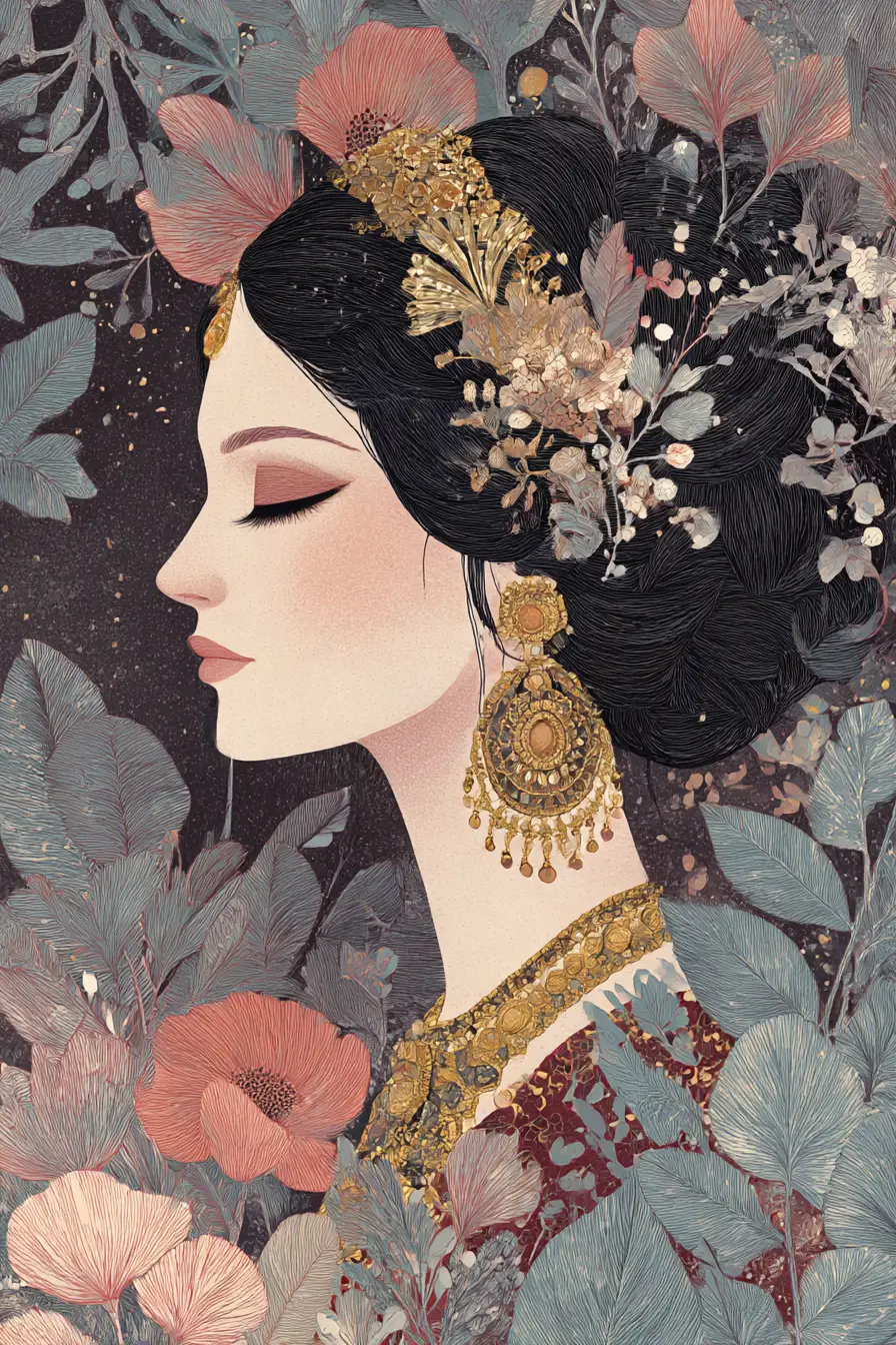 Elegante ritratto di diva russa con illustrazione digitale floreale