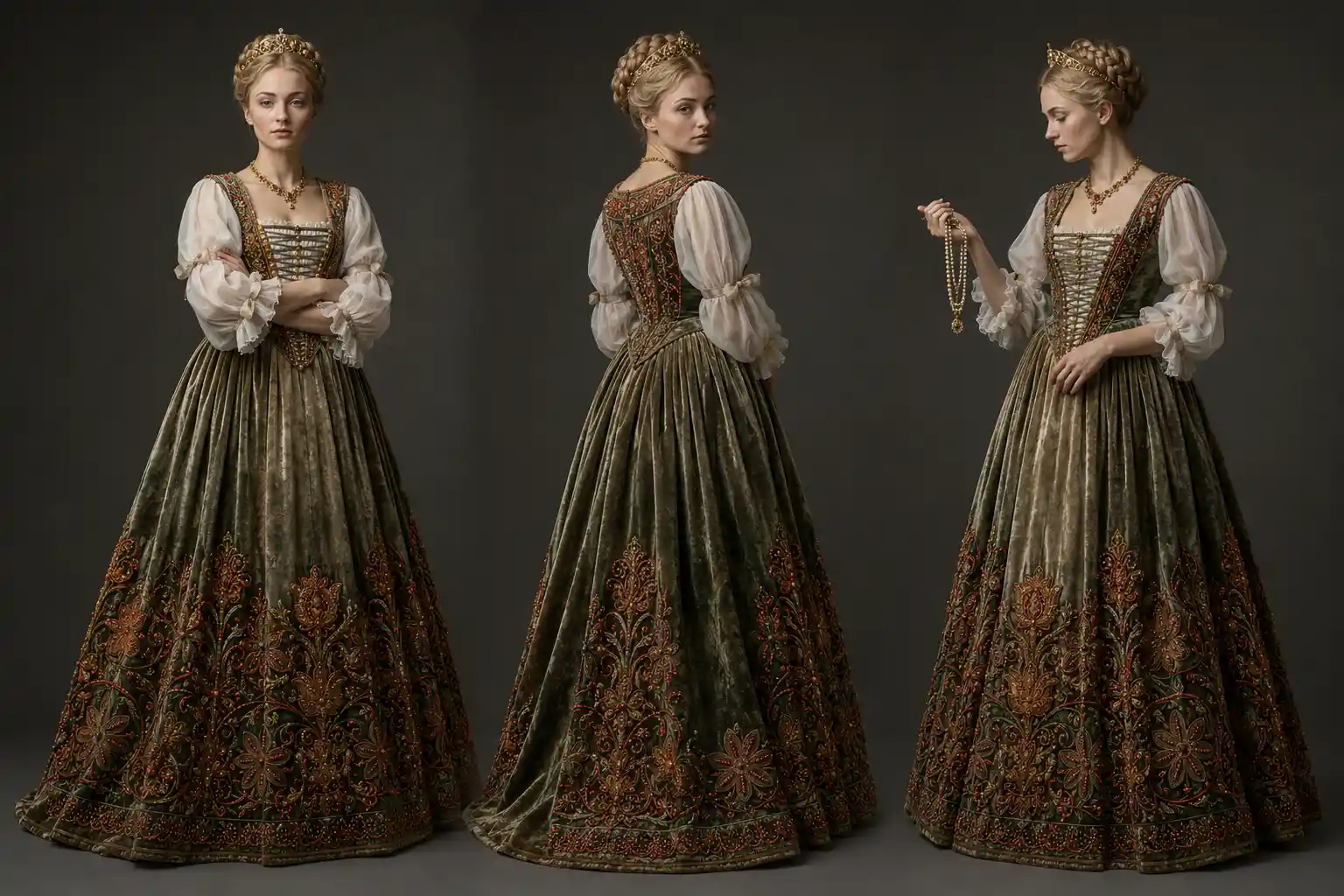 Mujer con vestido renacentista en tres poses de cuerpo entero