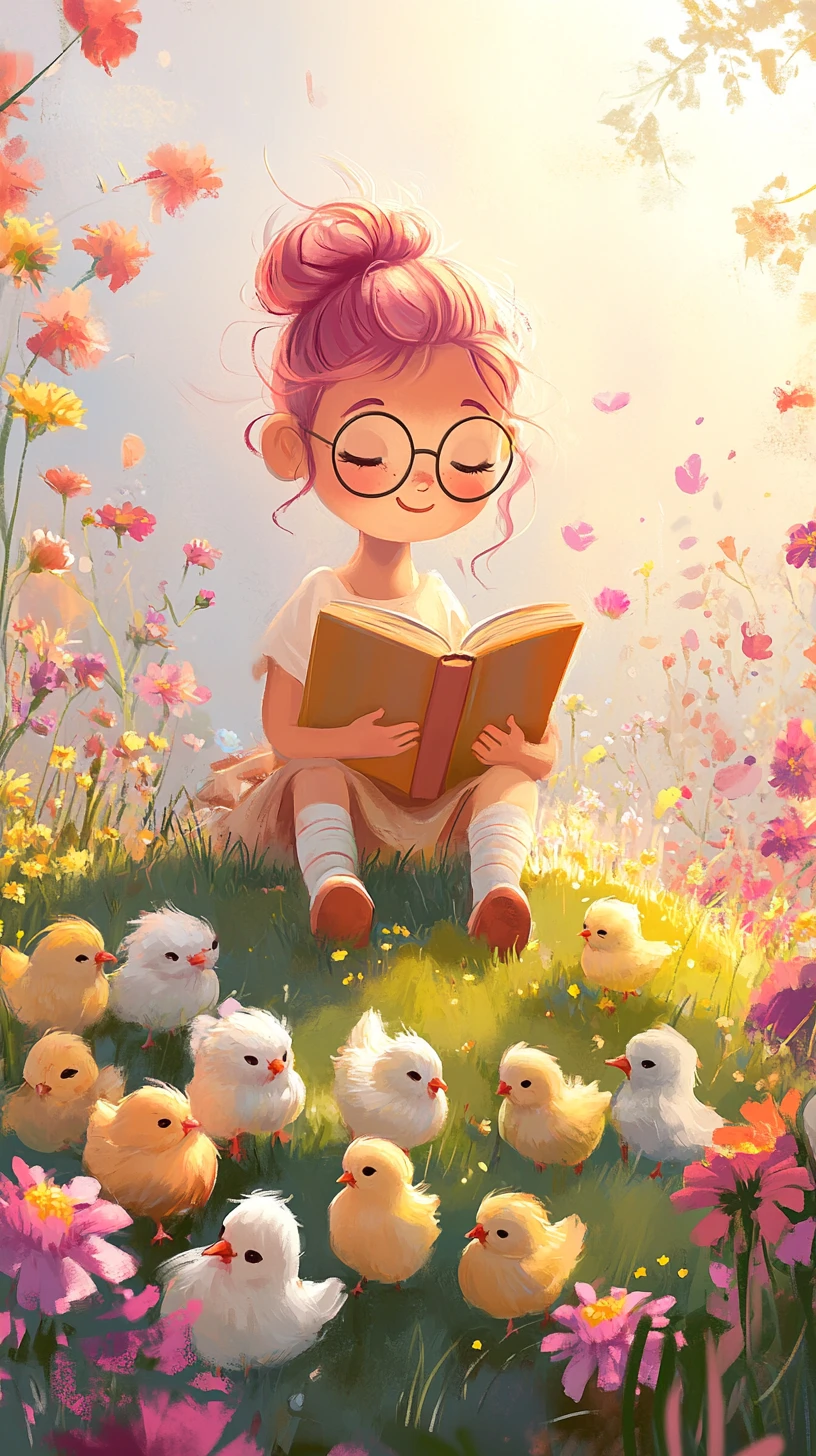 Chica de pelo rosa leyendo en una colina cubierta de flores