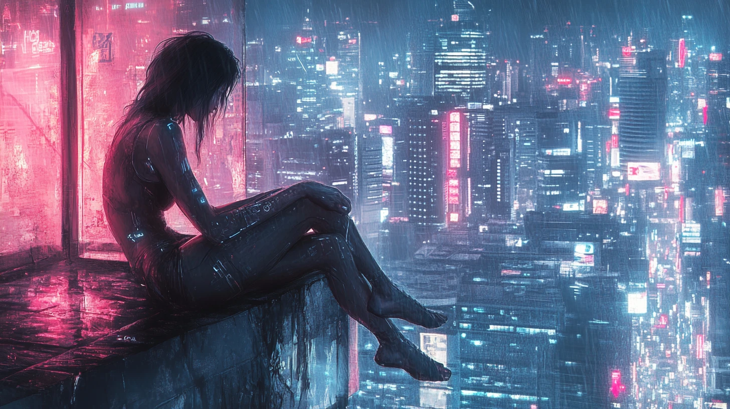 Hermosa mujer en una ciudad cyberpunk de neón para portada de canción de amor