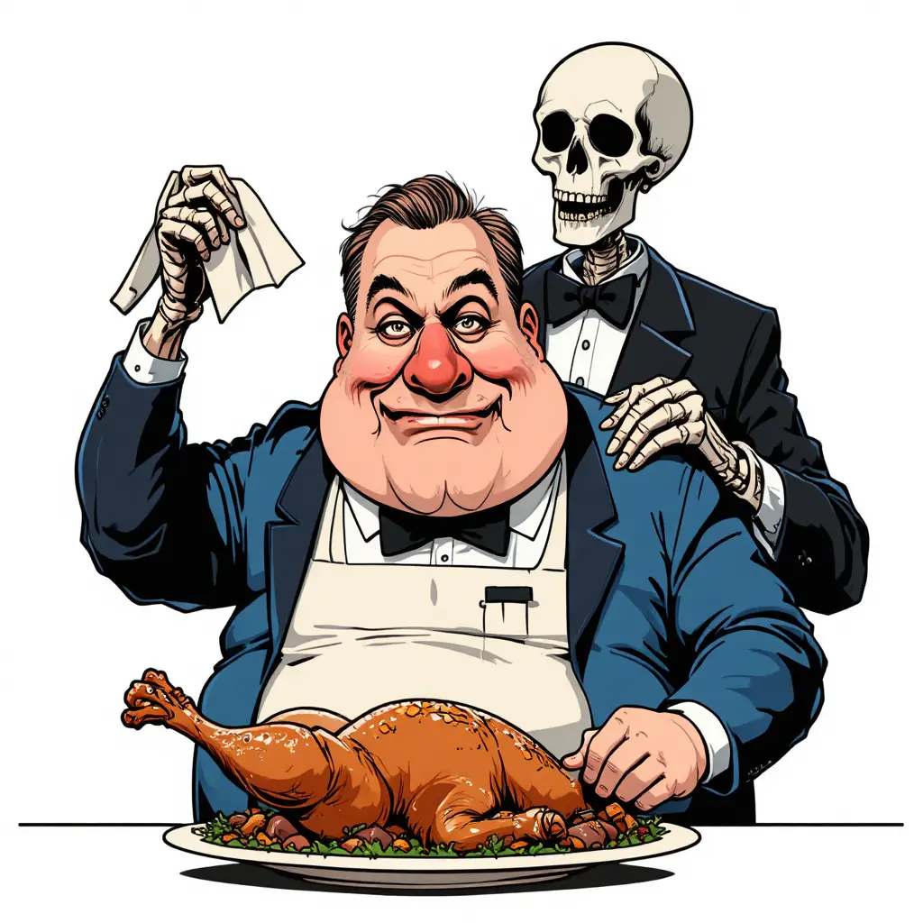 Cartoon-Mann und skelettierter Butler mit Brathähnchen