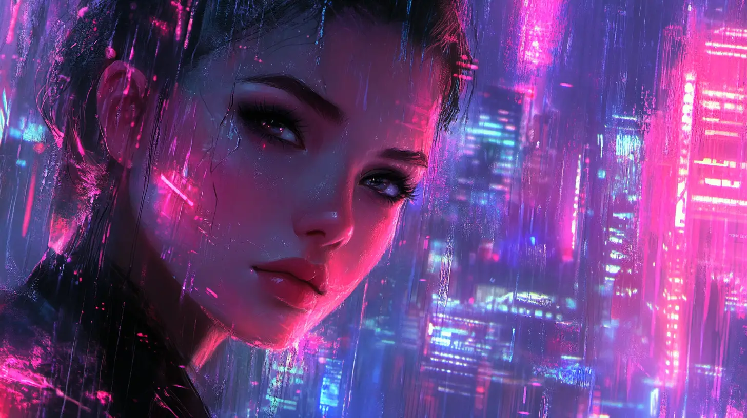 Mulher bonita em uma cidade cyberpunk neon à noite
