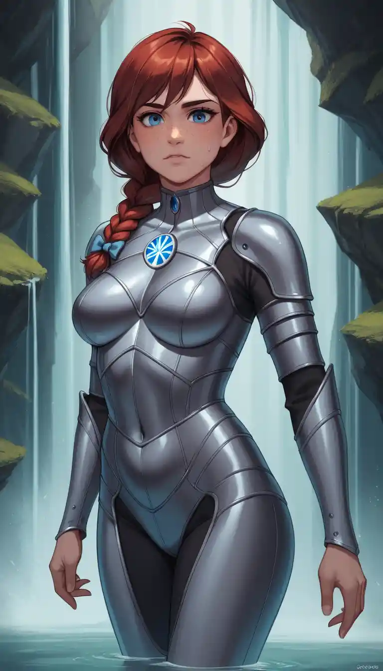 Heroína de anime seductora con armadura metálica medieval futurista