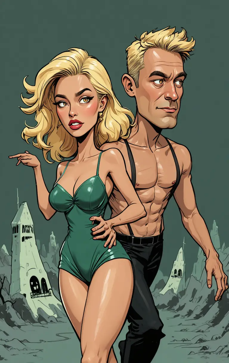 Pareja de dibujos animados huyendo en una tensa escena de cómic en contrapicado