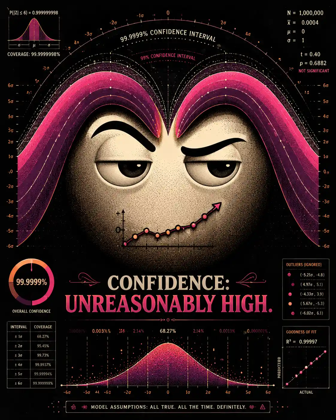 Smug emoji face framed by surreal statistical confidence bands