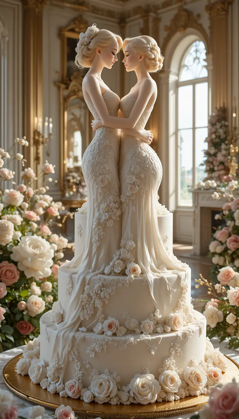 Tarta de boda romántica esculpida como dos mujeres abrazándose