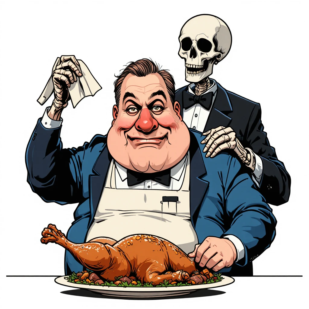 Hombre de caricatura y mayordomo esquelético con pollo asado