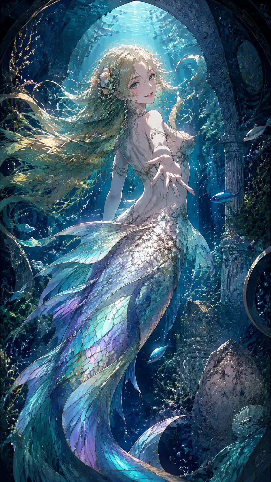 Sirena Llamando Desde una Gruta Submarina Art Nouveau Lluminosa