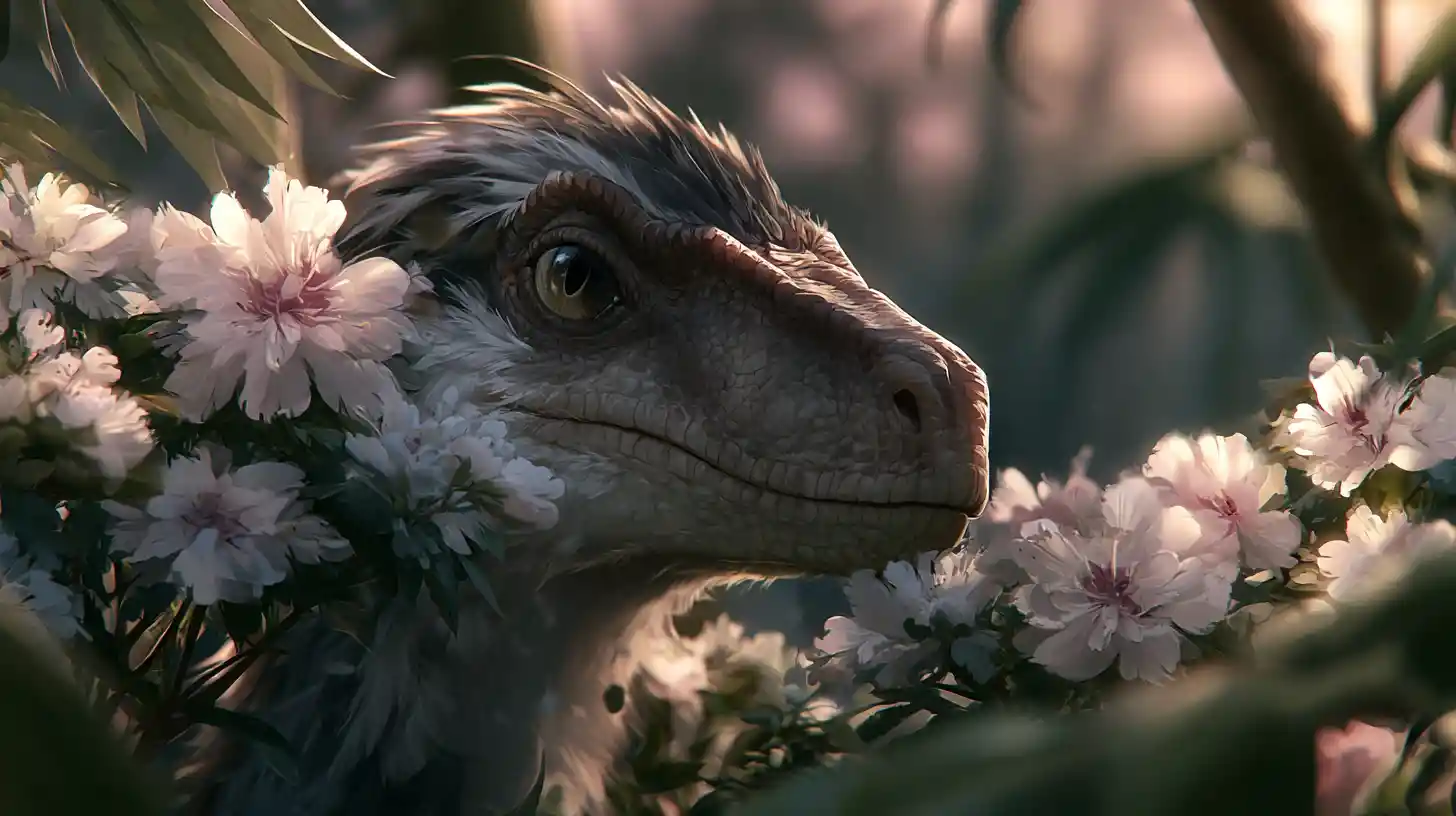 Feathered velociraptor hidden among jungle flowers at dusk
