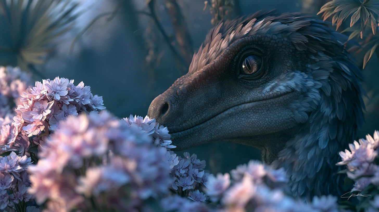 Feathered velociraptor hidden among flowers in jungle twilight