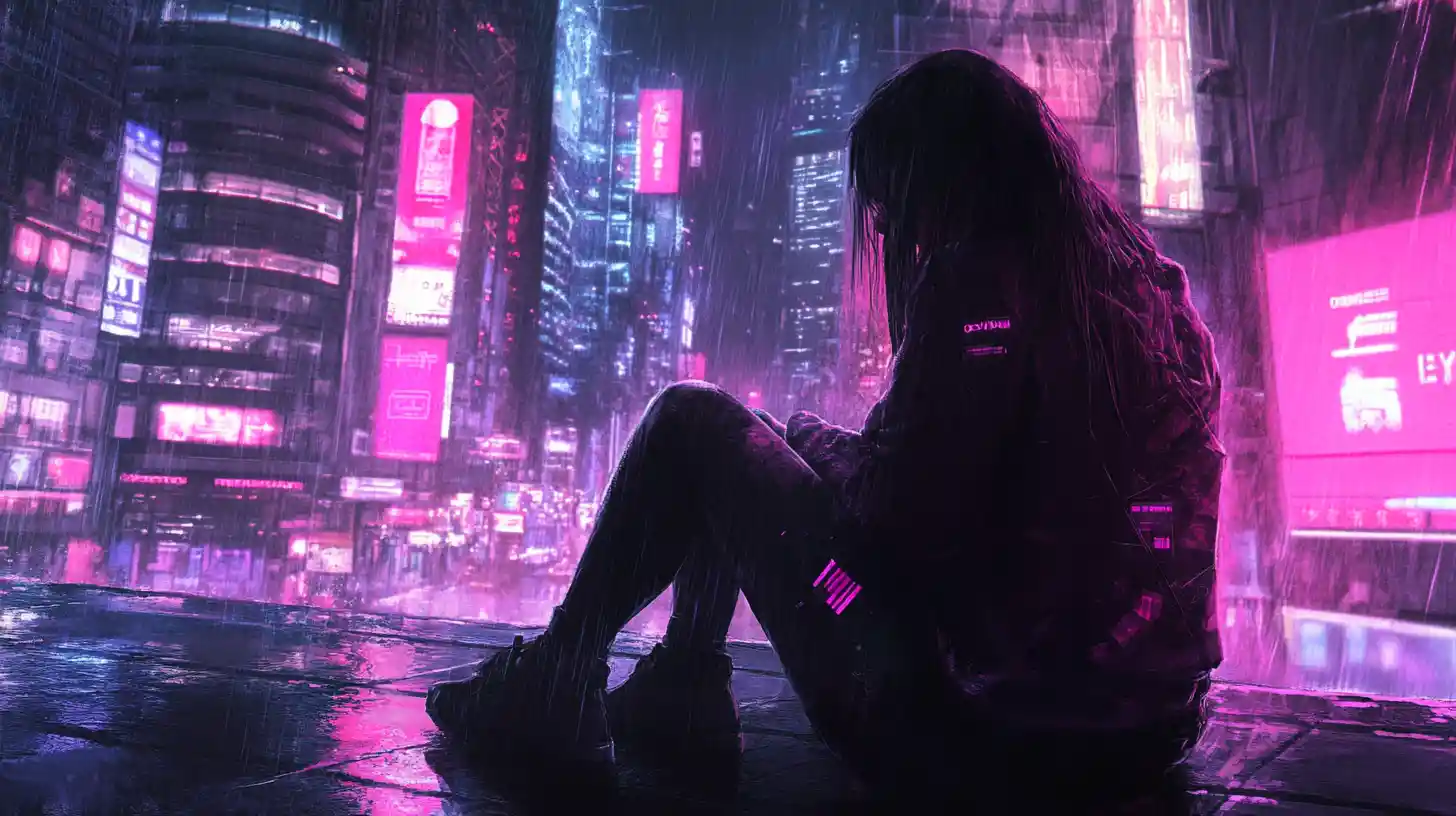 Romantic cyberpunk portrait of a woman in neon city