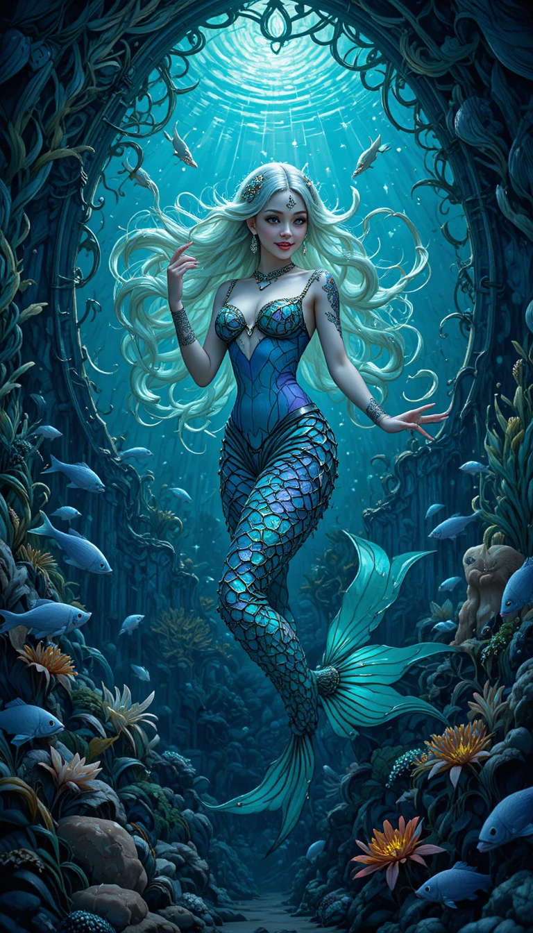 Sirène enjouée dans une grotte sous-marine art nouveau