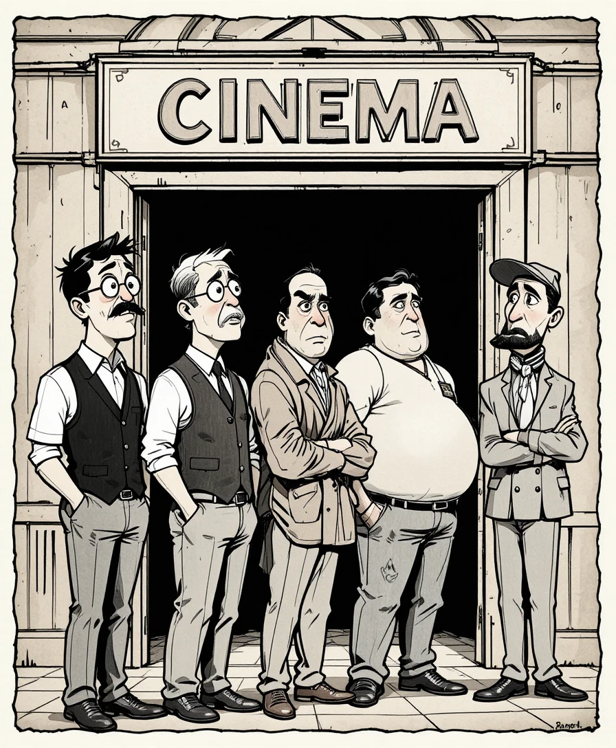 Cinque uomini cartoon in fila davanti a un cinema d’epoca