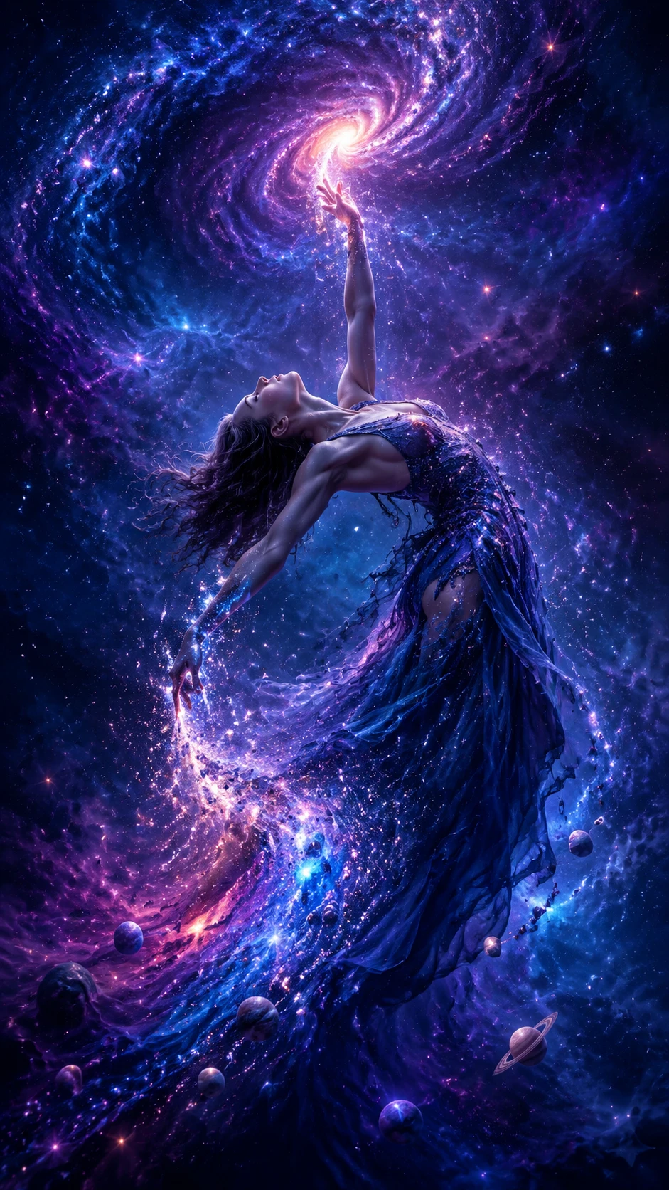 Bailarina contemporánea doblándose en una galaxia cósmica en espiral