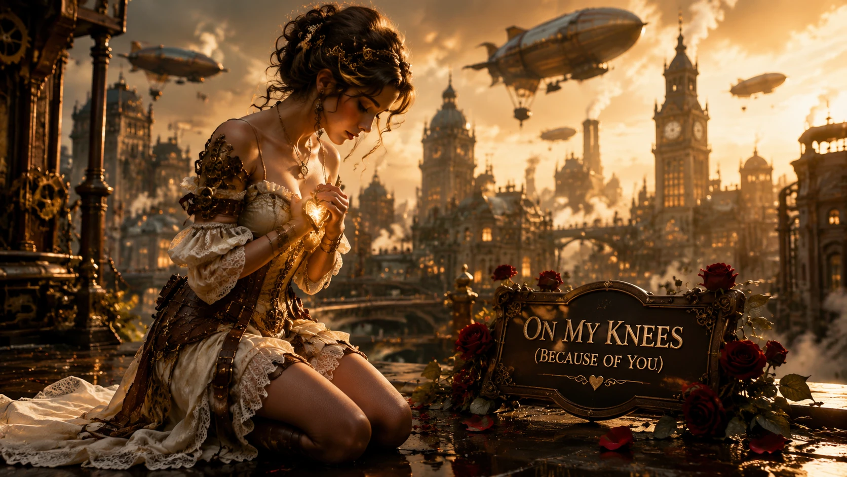 Hermosa mujer en una ciudad steampunk – portada de canción de amor