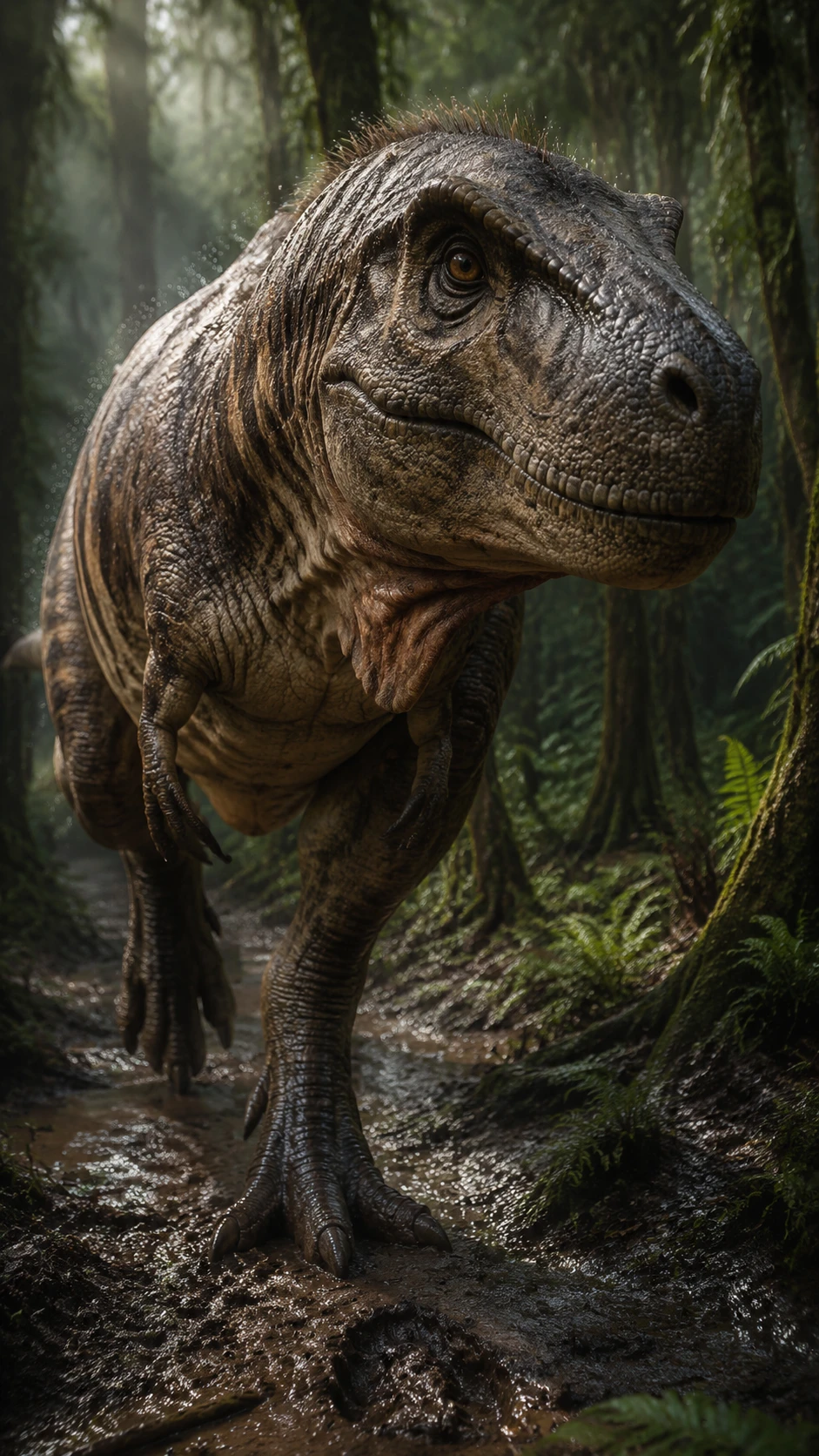 Realistic tyrannosaurus rex walking through a humid forest