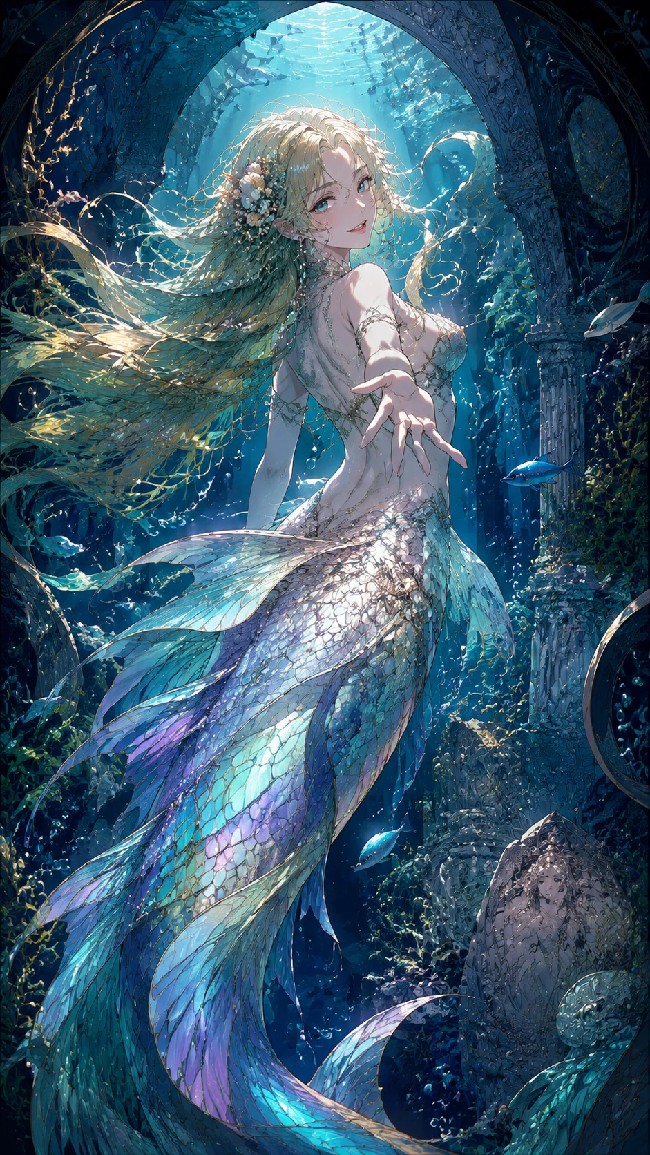 Sirena Llamando Desde una Gruta Submarina Art Nouveau Lluminosa