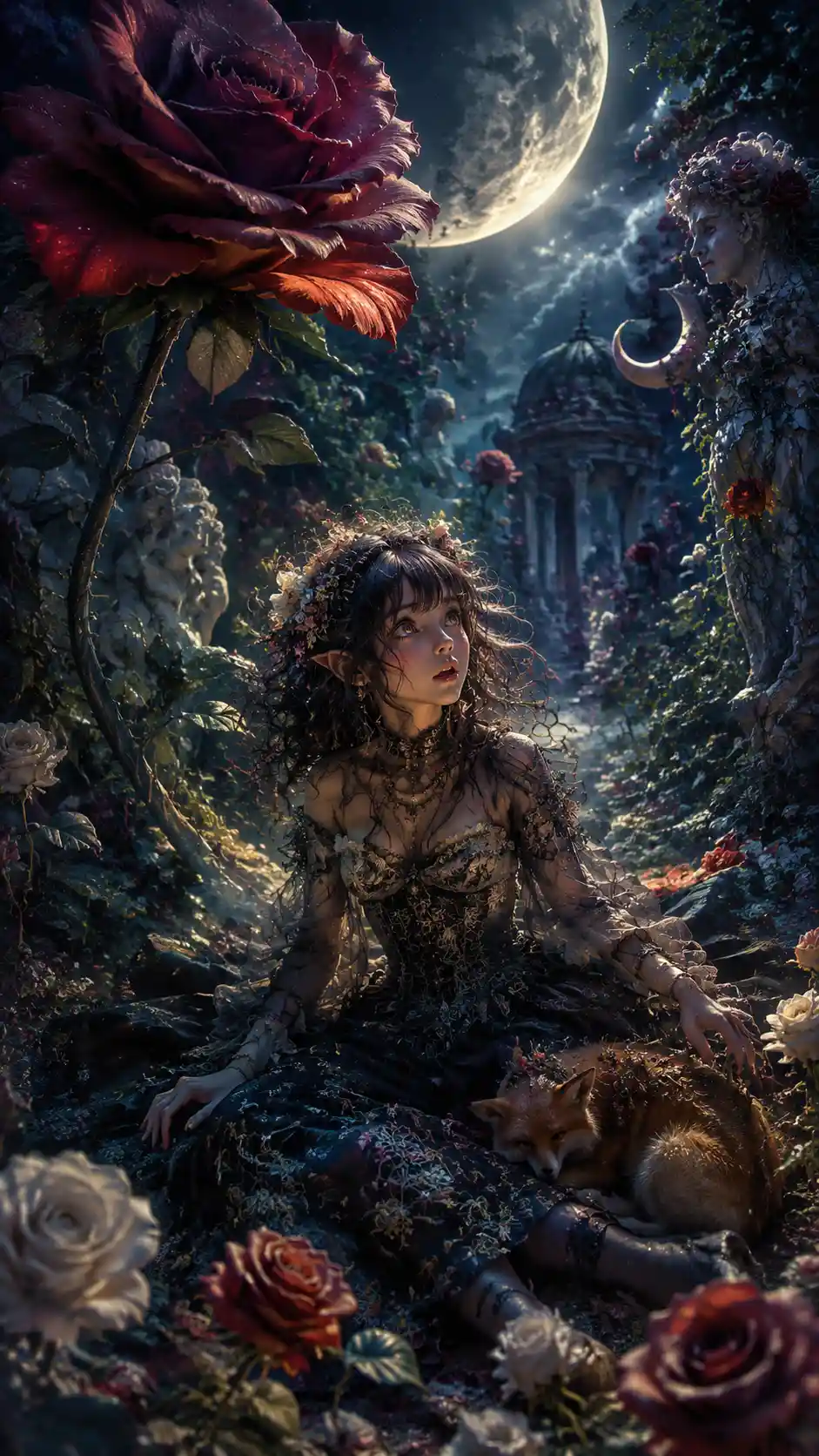 Fae Girl Awakening Beneath A Vast Ancient Rose