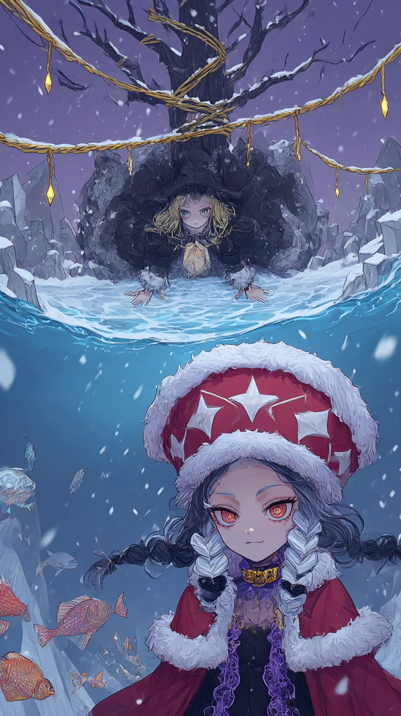 カラフルな魚と静かな湖に浮かぶアニメ少女