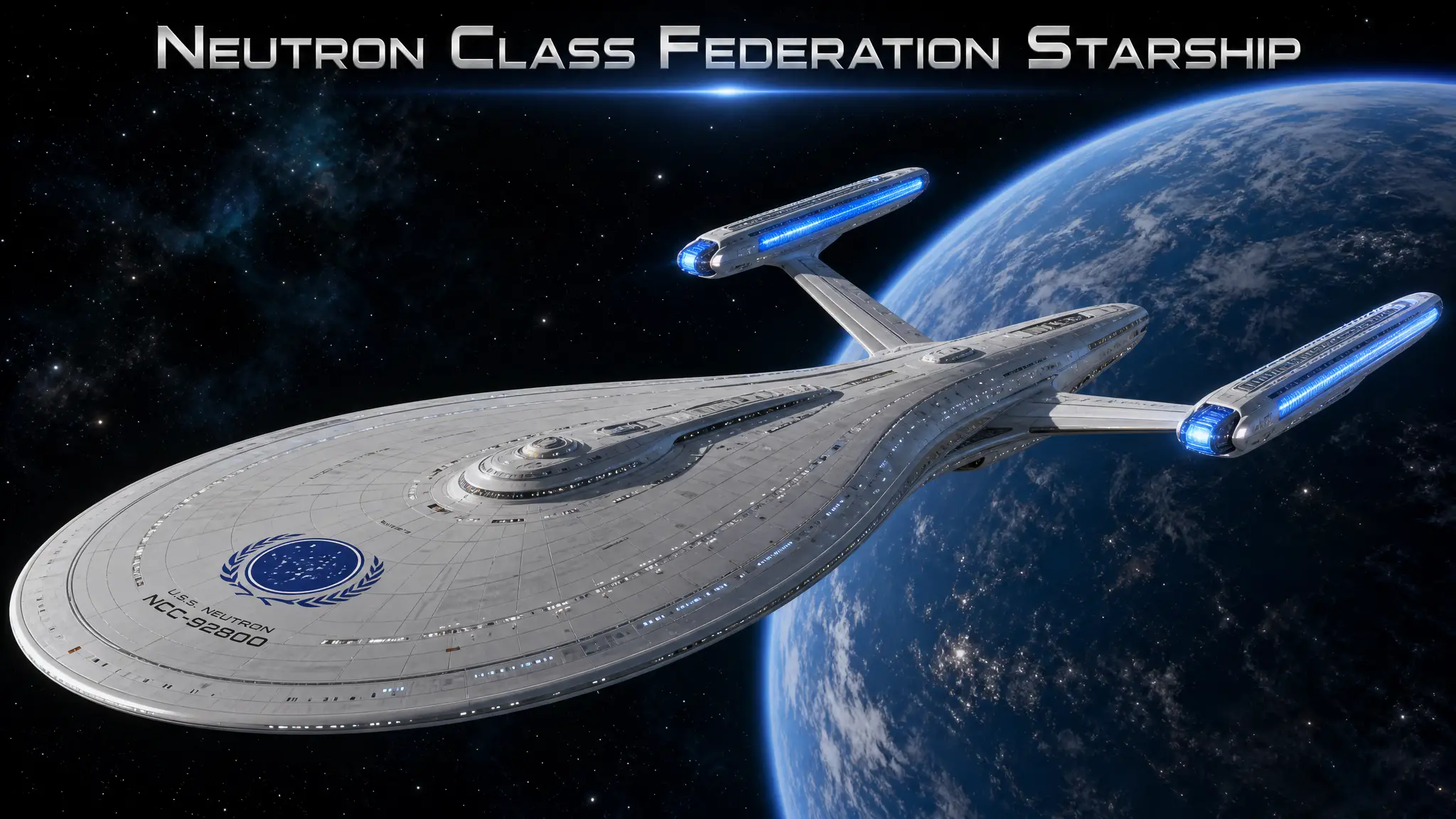 Vaisseau de la Fédération avec de puissantes nacelles de distorsion dans l’espace