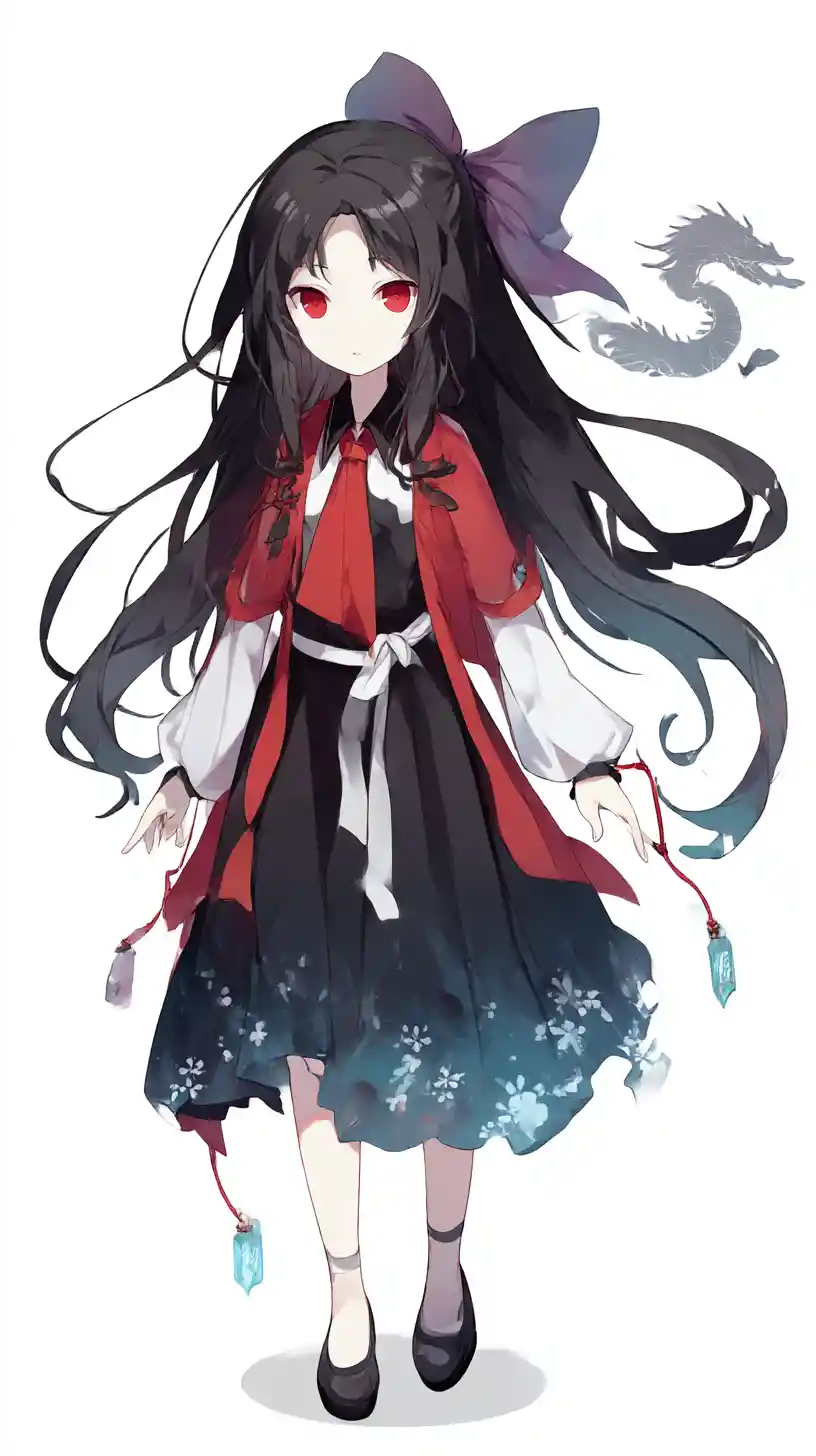 Chica de anime con largo cabello negro y tristes ojos rojos