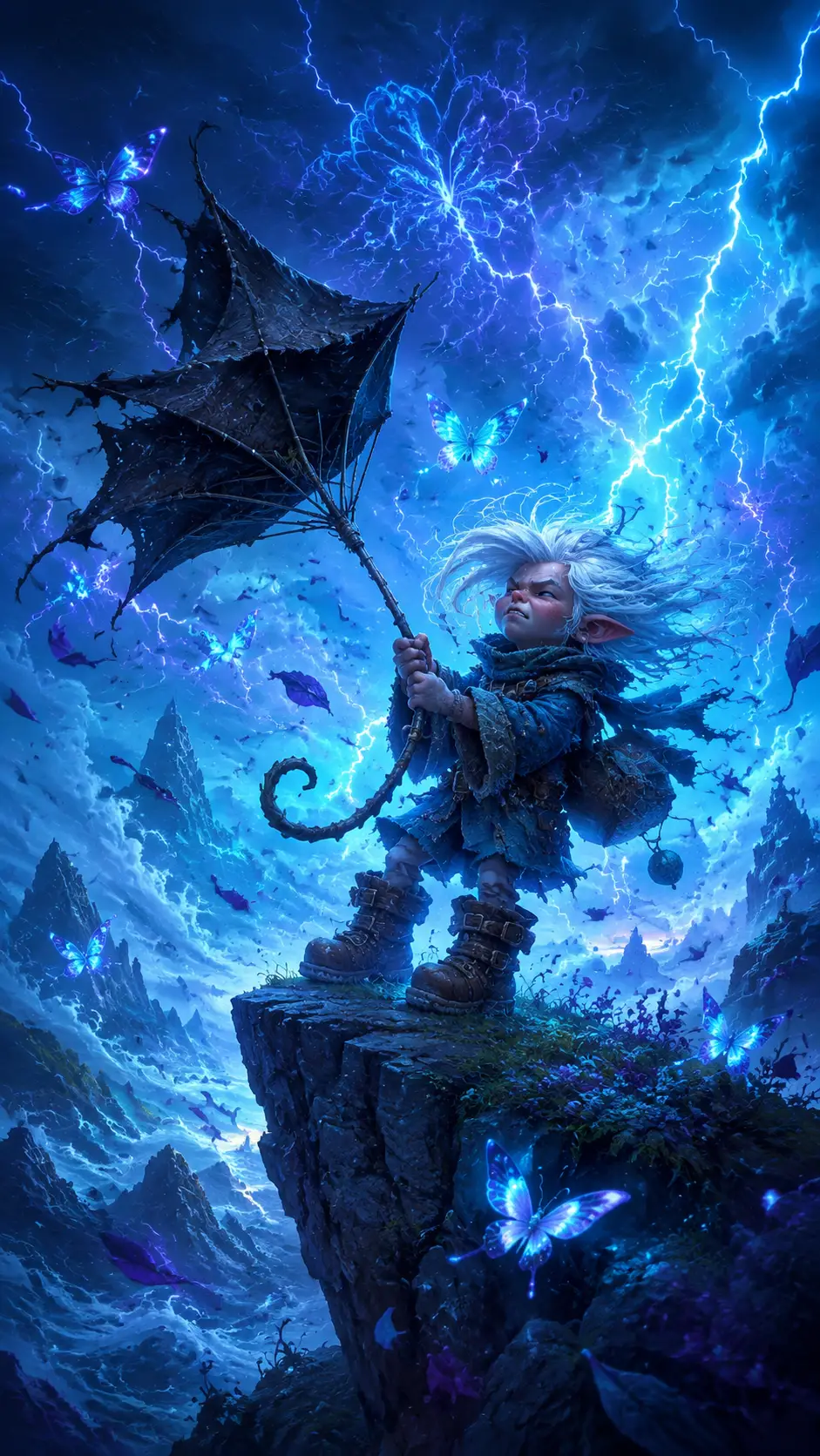 Viajero goblin en un acantilado en una tormenta mágica en espiral