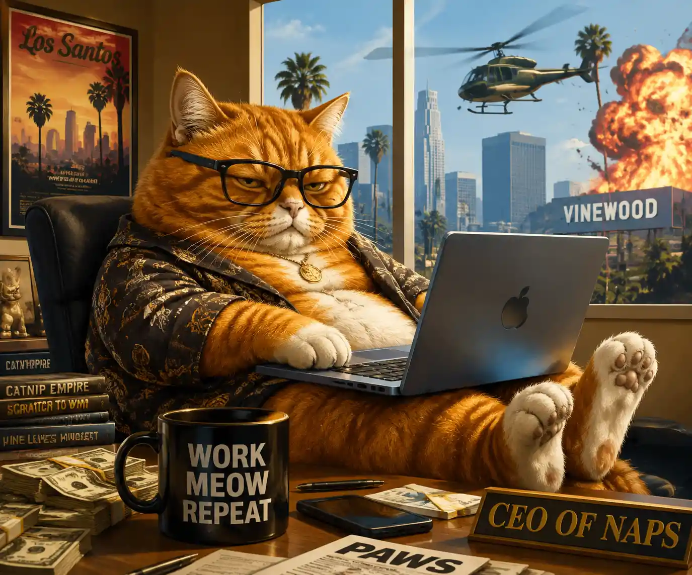 Orangene Katze im Homeoffice mit Laptop und Kaffee