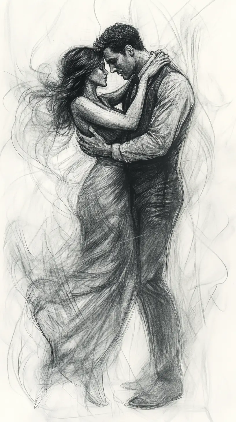 Passionate couple dancing in expressive pencil illustration