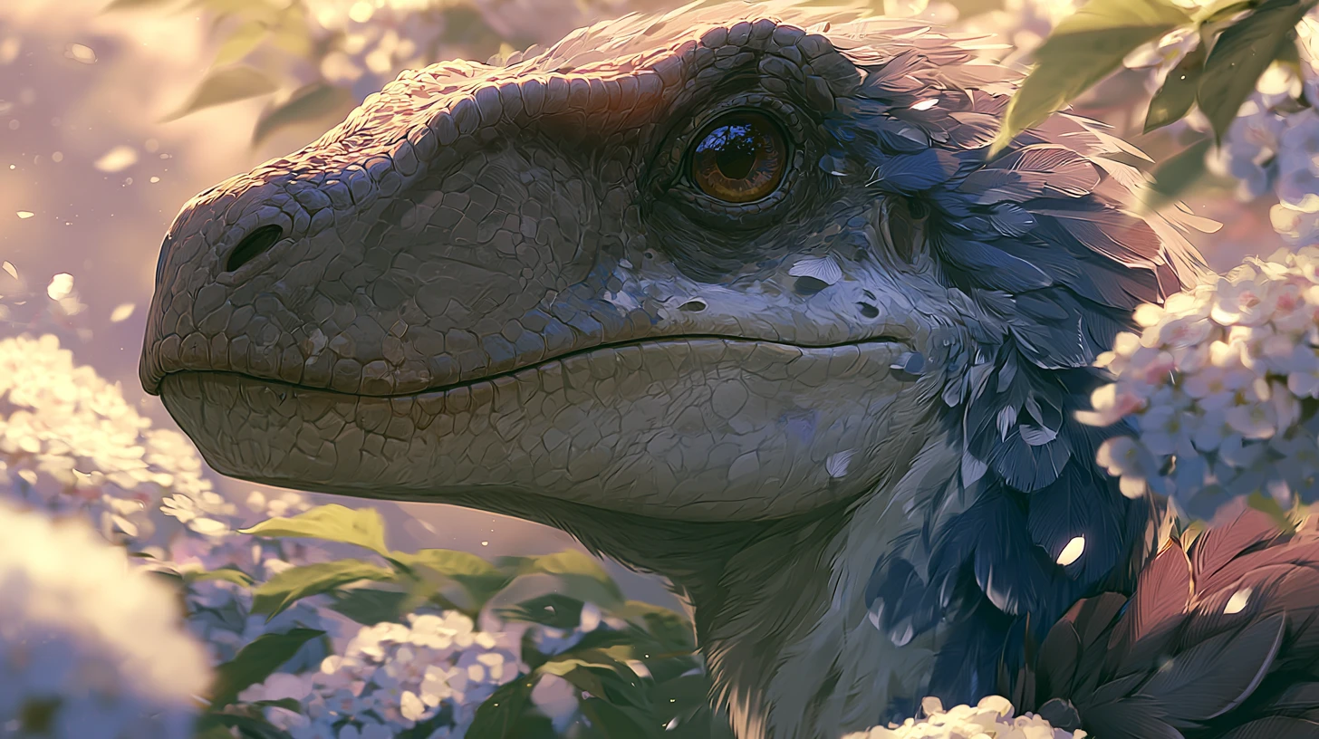 Feathered velociraptor anime portrait with soft gentle lighting