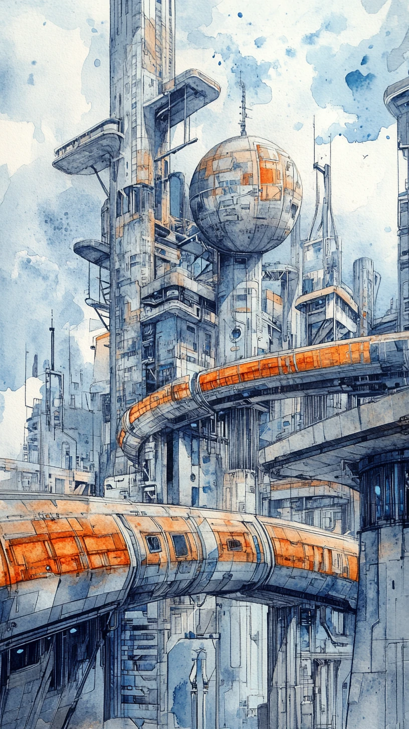 Ciudad Ferroviaria Futurista en Ilustración de Acuarela y Lápiz