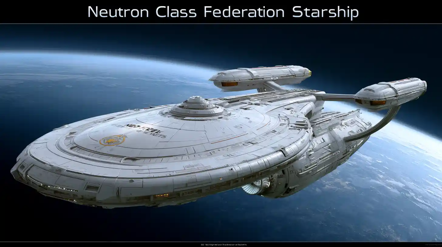 Long white federation starship flying past a blue planet